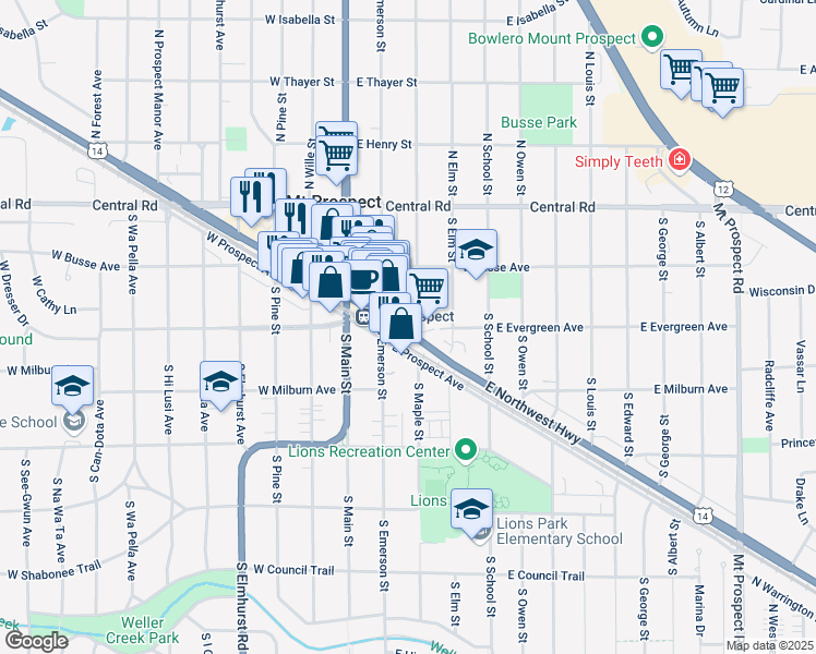 map of restaurants, bars, coffee shops, grocery stores, and more near 122 East Northwest Highway in Mount Prospect