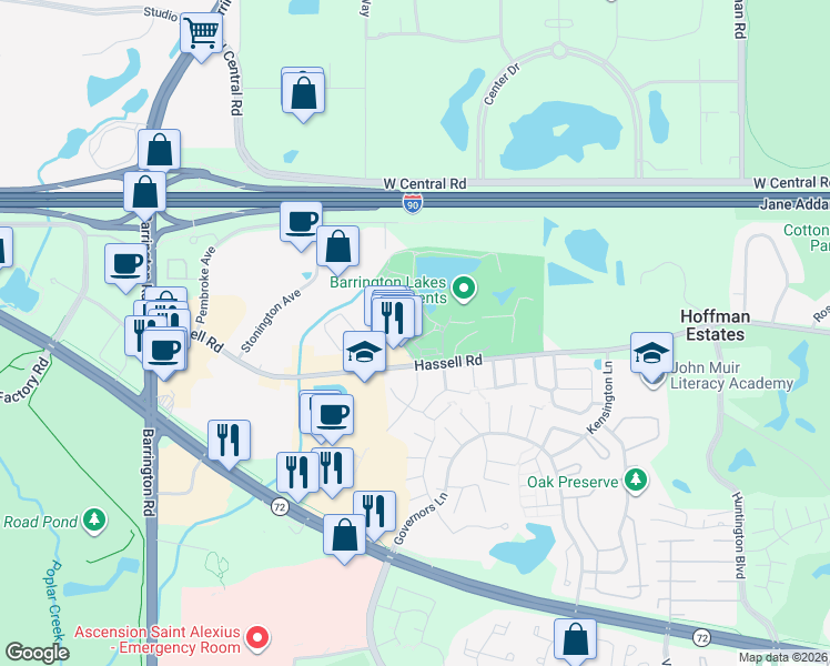 map of restaurants, bars, coffee shops, grocery stores, and more near 2220 Hassell Road in Hoffman Estates