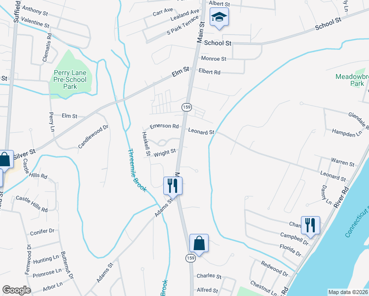map of restaurants, bars, coffee shops, grocery stores, and more near 901 Main Street in Agawam
