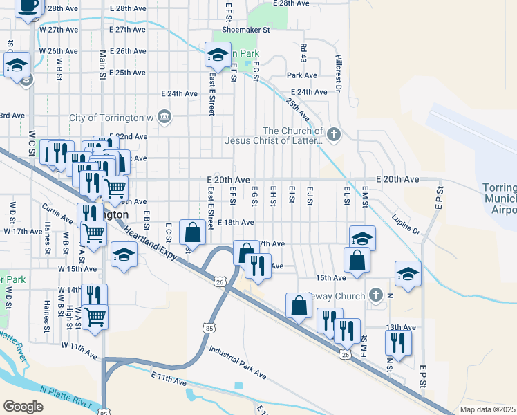 map of restaurants, bars, coffee shops, grocery stores, and more near 1817 East G Street in Torrington