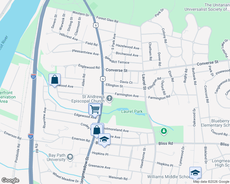 map of restaurants, bars, coffee shops, grocery stores, and more near 36 Farmington Avenue in Longmeadow