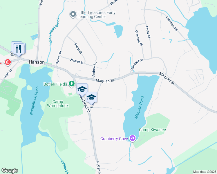 map of restaurants, bars, coffee shops, grocery stores, and more near 38 School Street in Hanson