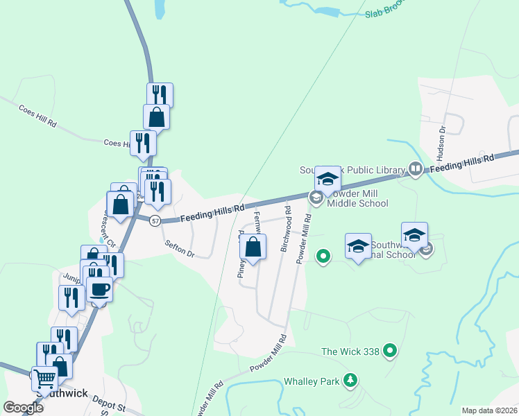 map of restaurants, bars, coffee shops, grocery stores, and more near 41 Feeding Hills Road in Southwick