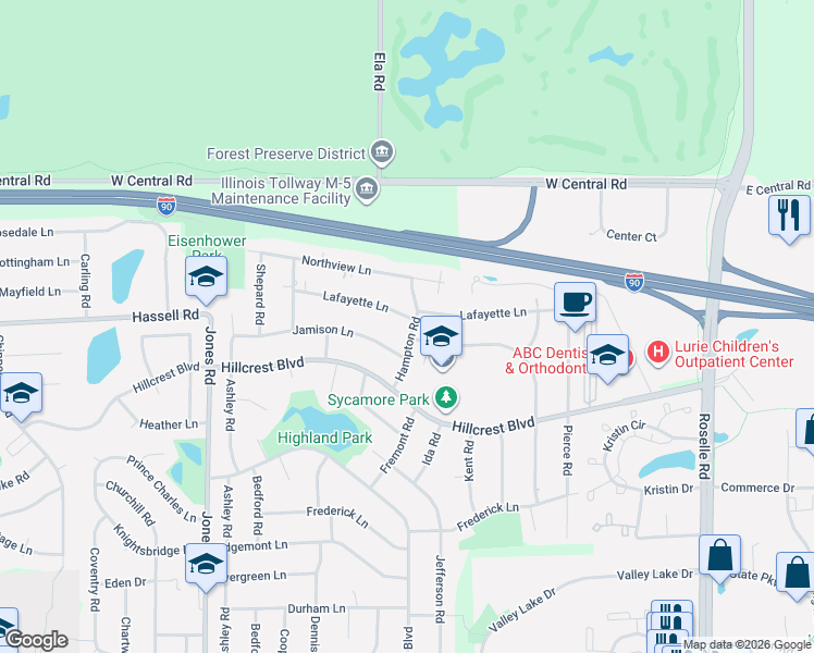 map of restaurants, bars, coffee shops, grocery stores, and more near 515 Lafayette Lane in Hoffman Estates