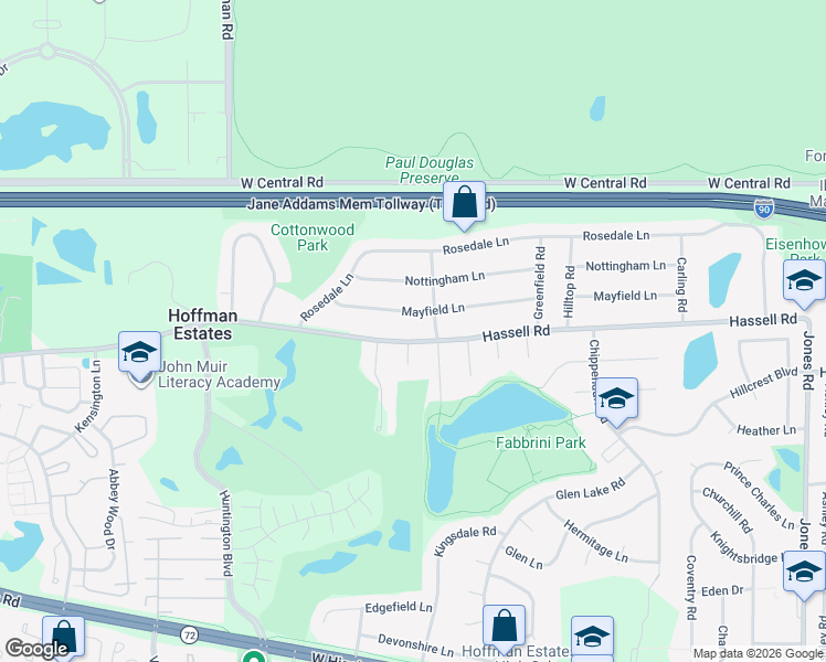 map of restaurants, bars, coffee shops, grocery stores, and more near 1415 Mayfield Lane in Hoffman Estates