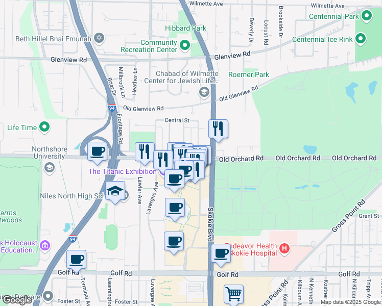 map of restaurants, bars, coffee shops, grocery stores, and more near 4844 Old Orchard Road in Skokie