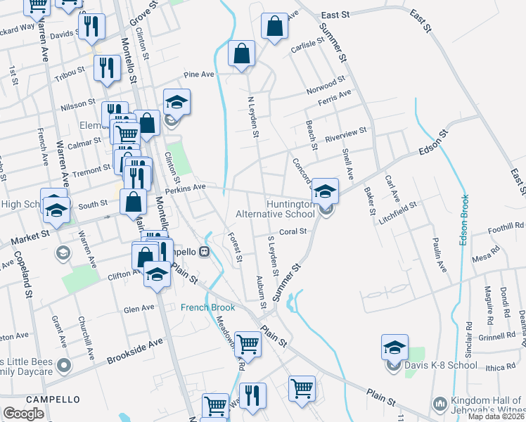 map of restaurants, bars, coffee shops, grocery stores, and more near 185 Perkins Avenue in Brockton