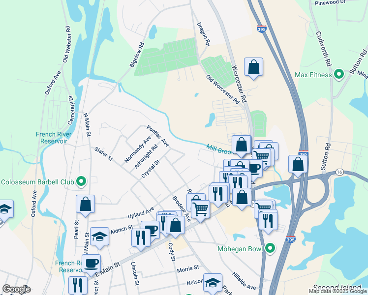 map of restaurants, bars, coffee shops, grocery stores, and more near 7 Girard Street in Webster