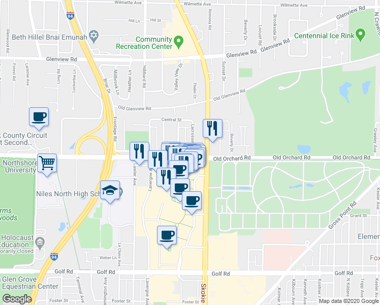 map of restaurants, bars, coffee shops, grocery stores, and more near 4844 Old Orchard Road in Skokie
