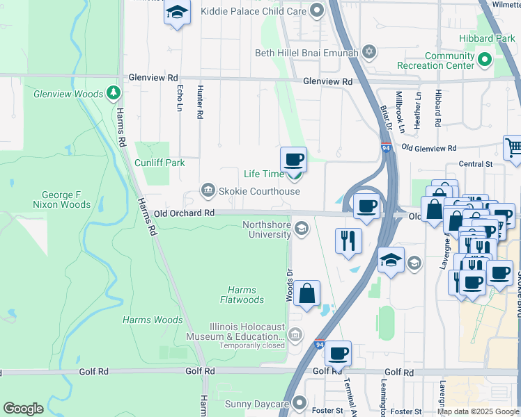 map of restaurants, bars, coffee shops, grocery stores, and more near 5420 Old Orchard Road in Skokie