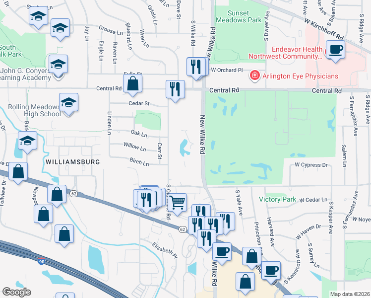 map of restaurants, bars, coffee shops, grocery stores, and more near 1126 South New Wilke Road in Arlington Heights
