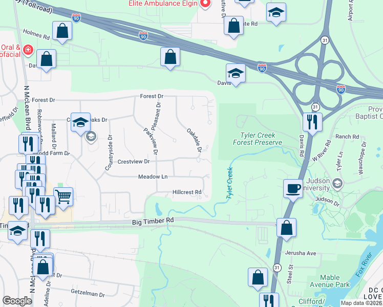 map of restaurants, bars, coffee shops, grocery stores, and more near 1200 Oakdale Drive in Elgin