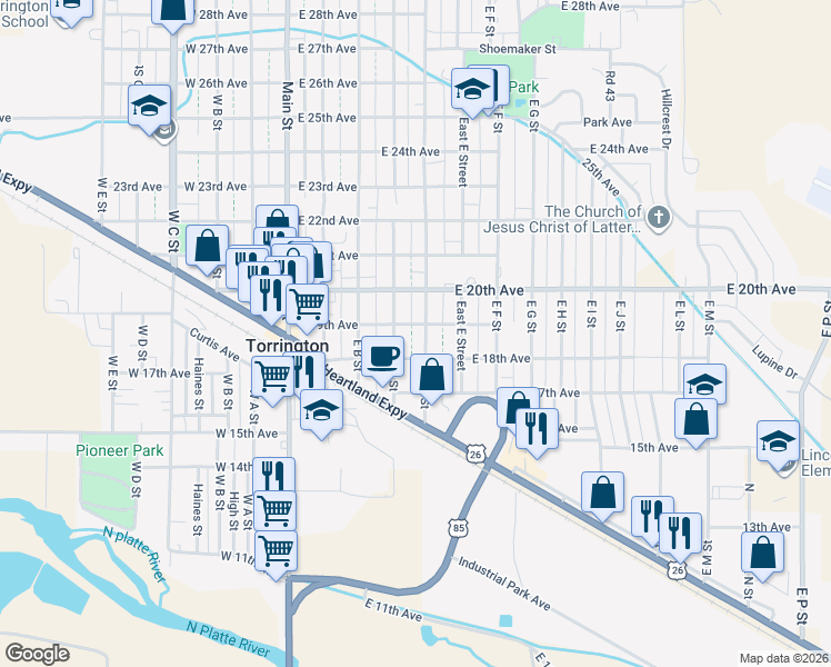 map of restaurants, bars, coffee shops, grocery stores, and more near 401-421 East 19th Avenue in Torrington