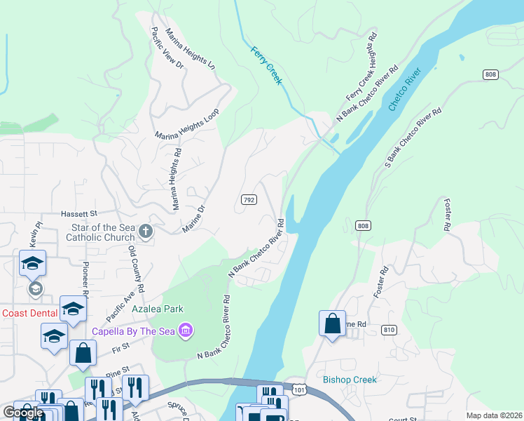 map of restaurants, bars, coffee shops, grocery stores, and more near 16708 Thompson Road in Brookings