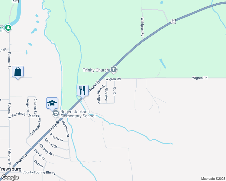 map of restaurants, bars, coffee shops, grocery stores, and more near 13 Rio Drive in Frewsburg