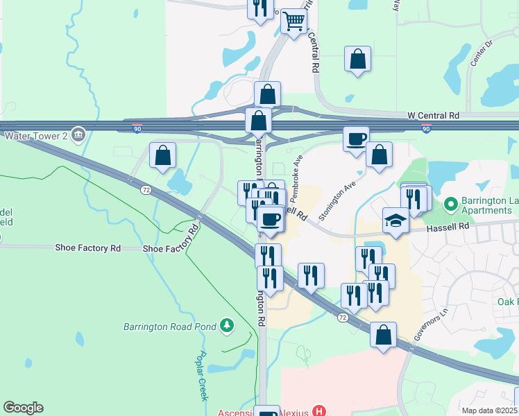 map of restaurants, bars, coffee shops, grocery stores, and more near 2300 North Barrington Road in Hoffman Estates