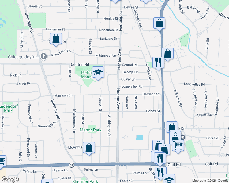map of restaurants, bars, coffee shops, grocery stores, and more near 411 Washington Street in Glenview
