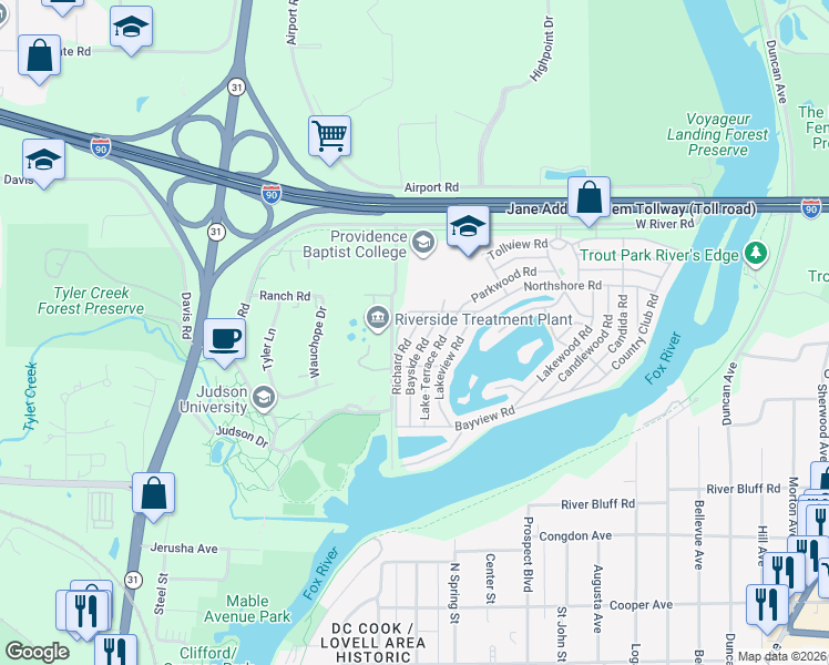 map of restaurants, bars, coffee shops, grocery stores, and more near 1153 Richard Road in Elgin