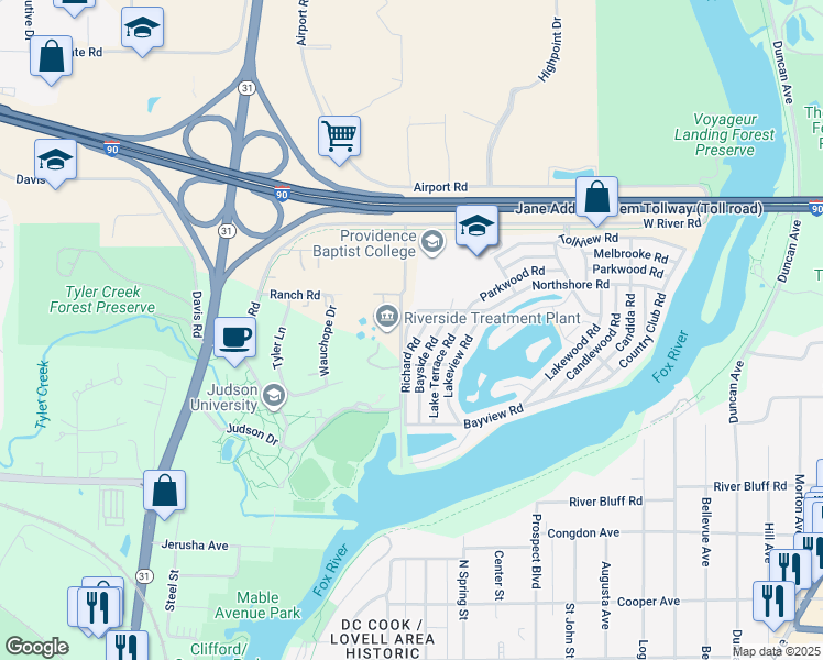 map of restaurants, bars, coffee shops, grocery stores, and more near 1153 Hillside Road in Elgin