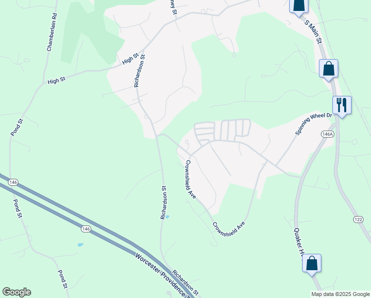 map of restaurants, bars, coffee shops, grocery stores, and more near 13 Williamsburg Drive in Uxbridge