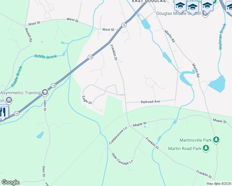 map of restaurants, bars, coffee shops, grocery stores, and more near 5 Eagle Drive in Douglas
