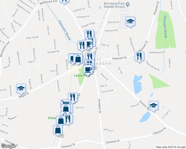 map of restaurants, bars, coffee shops, grocery stores, and more near 85 Prospect Street in East Longmeadow