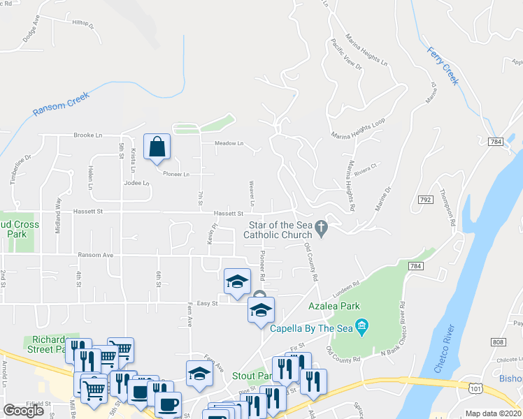 map of restaurants, bars, coffee shops, grocery stores, and more near 518 Hassett Street in Brookings