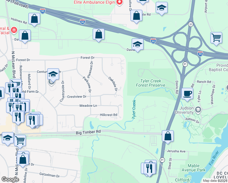 map of restaurants, bars, coffee shops, grocery stores, and more near 1200 Oakdale Drive in Elgin