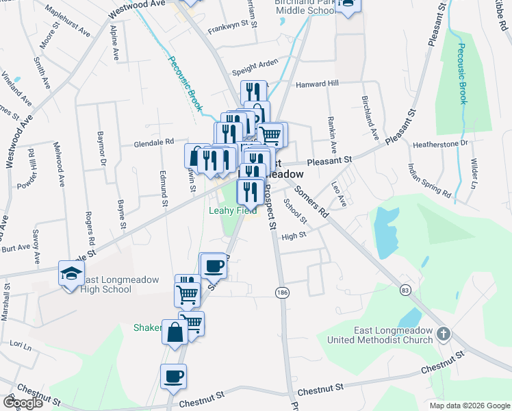 map of restaurants, bars, coffee shops, grocery stores, and more near 60 Shaker Road in East Longmeadow