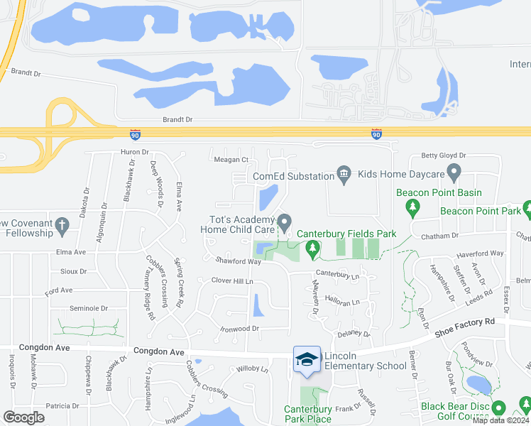 map of restaurants, bars, coffee shops, grocery stores, and more near 1210 Bradley Circle in Elgin