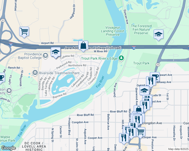 map of restaurants, bars, coffee shops, grocery stores, and more near 1100 Rainbow Road in Elgin
