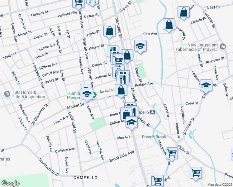 map of restaurants, bars, coffee shops, grocery stores, and more near 15 Market Street in Brockton