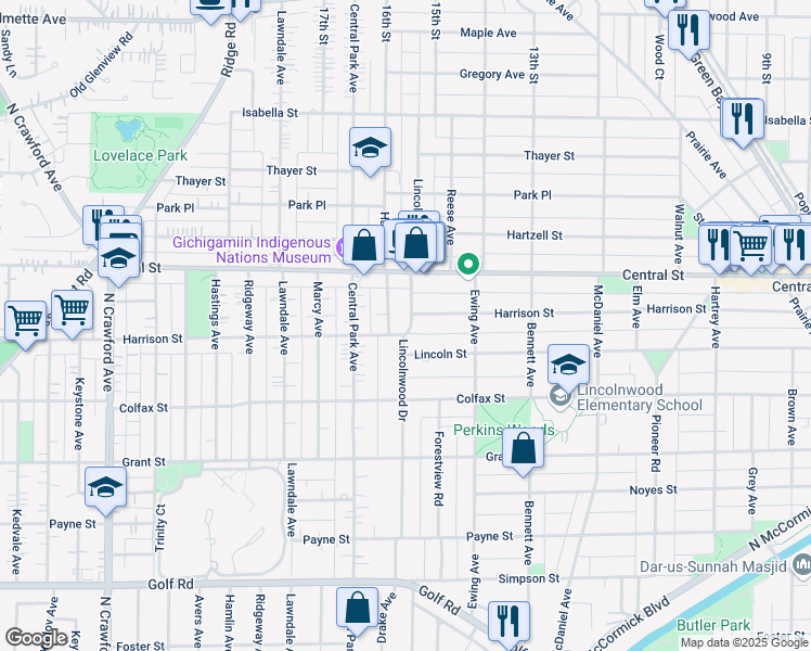 map of restaurants, bars, coffee shops, grocery stores, and more near 2533 Harrison Street in Evanston
