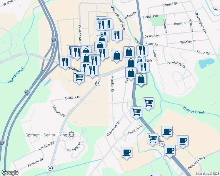 map of restaurants, bars, coffee shops, grocery stores, and more near 6026 Meridian Drive in Erie