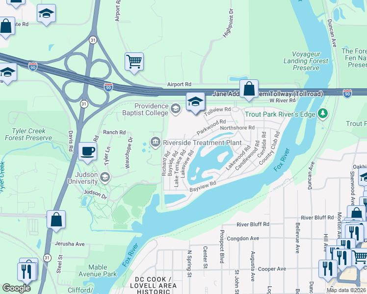 map of restaurants, bars, coffee shops, grocery stores, and more near 1153 Richard Road in Elgin