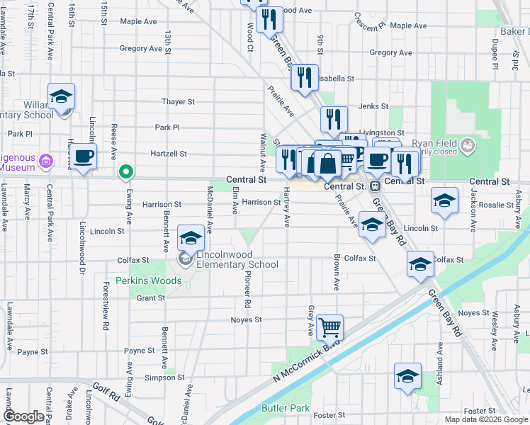 map of restaurants, bars, coffee shops, grocery stores, and more near 2302 Harrison Street in Evanston