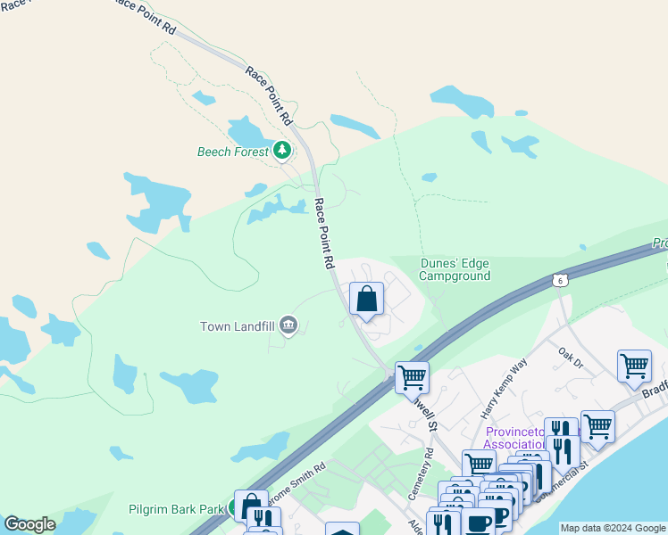 map of restaurants, bars, coffee shops, grocery stores, and more near 111 Race Point Road in Provincetown