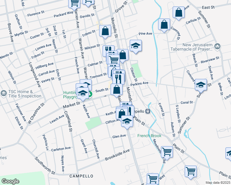 map of restaurants, bars, coffee shops, grocery stores, and more near 15 Market Street in Brockton