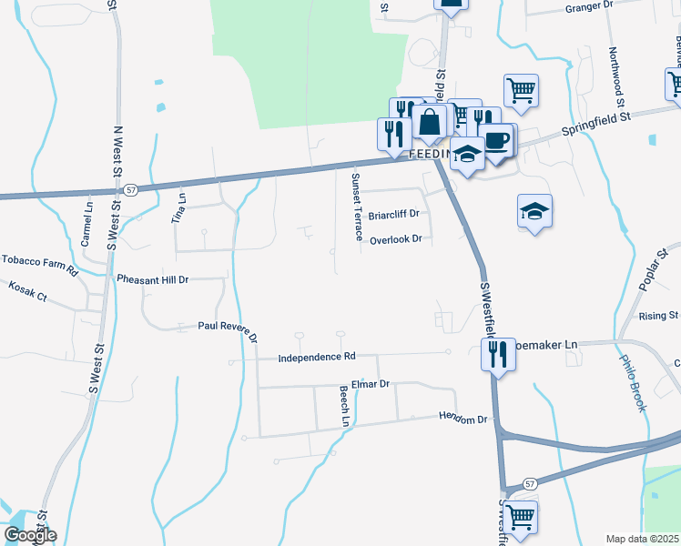 map of restaurants, bars, coffee shops, grocery stores, and more near 86 Sunset Terrace in Agawam