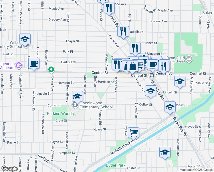 map of restaurants, bars, coffee shops, grocery stores, and more near 2302 Harrison Street in Evanston