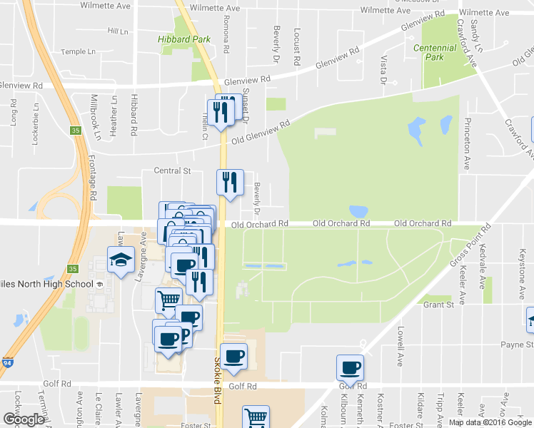 map of restaurants, bars, coffee shops, grocery stores, and more near 10015 Beverly Drive in Skokie
