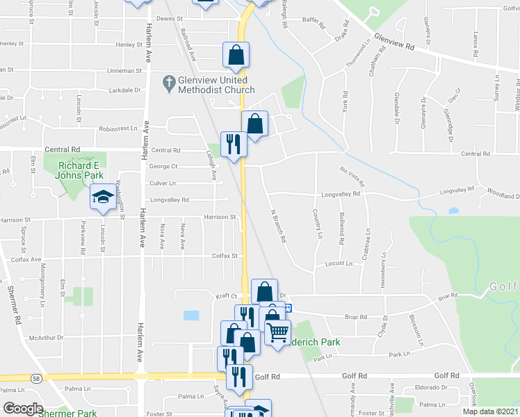 map of restaurants, bars, coffee shops, grocery stores, and more near 414 North Branch Road in Glenview