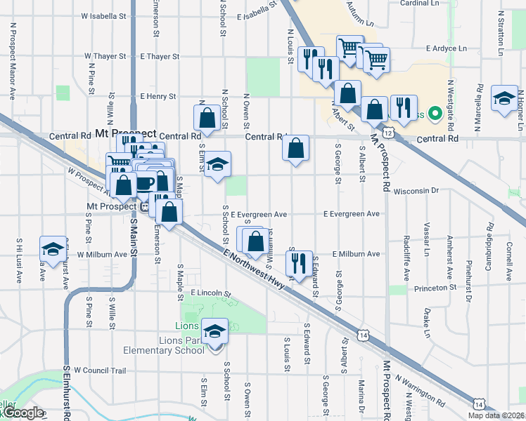map of restaurants, bars, coffee shops, grocery stores, and more near 118 South William Street in Mount Prospect