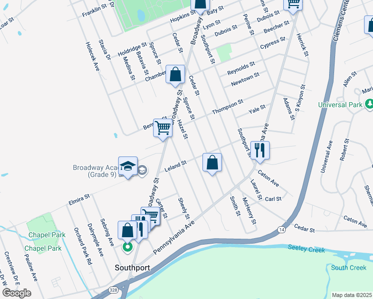 map of restaurants, bars, coffee shops, grocery stores, and more near 820 Hazel St in Elmira
