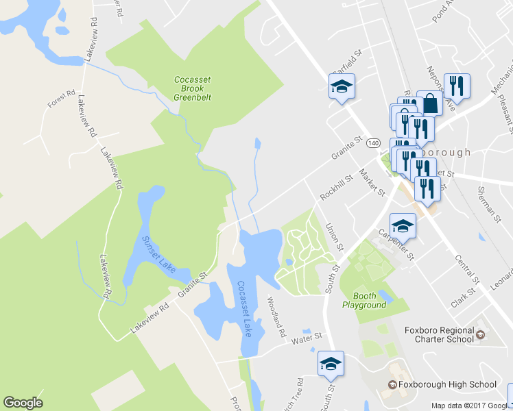 map of restaurants, bars, coffee shops, grocery stores, and more near 51 Granite Street in Foxborough