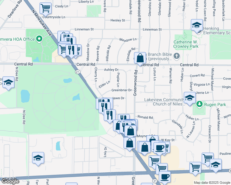 map of restaurants, bars, coffee shops, grocery stores, and more near 3407 Greenbriar Drive in Glenview