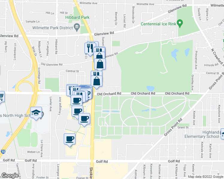 map of restaurants, bars, coffee shops, grocery stores, and more near 10015 Beverly Drive in Skokie