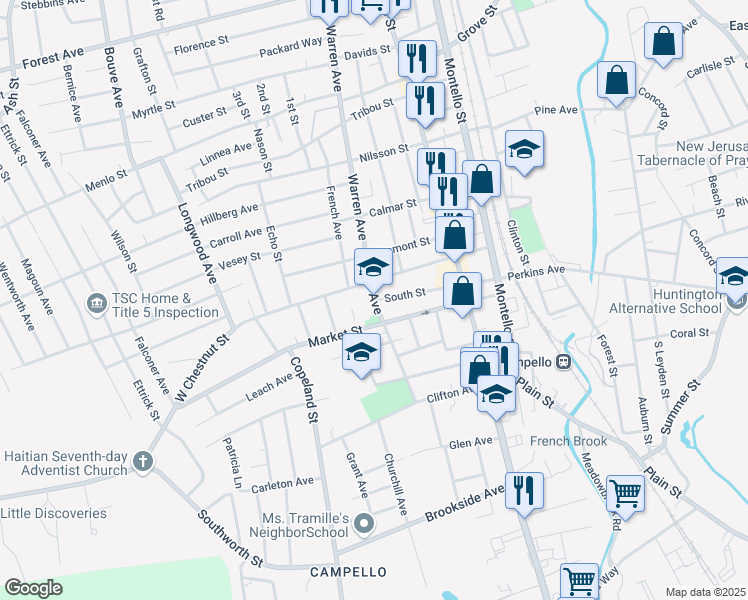 map of restaurants, bars, coffee shops, grocery stores, and more near 1121 Warren Avenue in Brockton