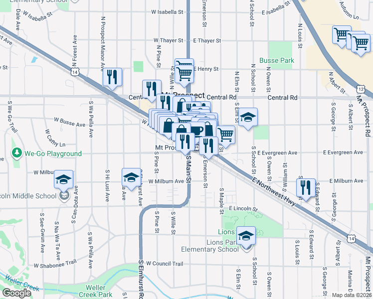 map of restaurants, bars, coffee shops, grocery stores, and more near 11 West Prospect Avenue in Mount Prospect