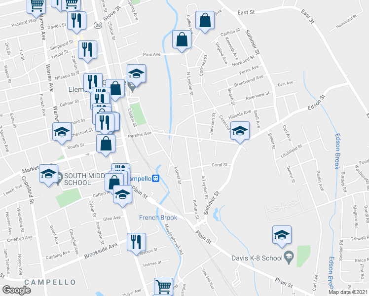 map of restaurants, bars, coffee shops, grocery stores, and more near 19 Auburn Street in Brockton
